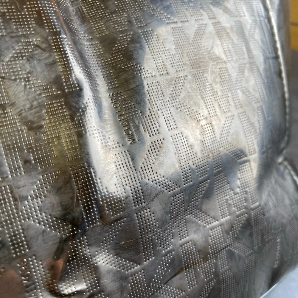 Michael Kors Jey Set Logo Metallic Shiny Silver‎ Tote with Tan Handles